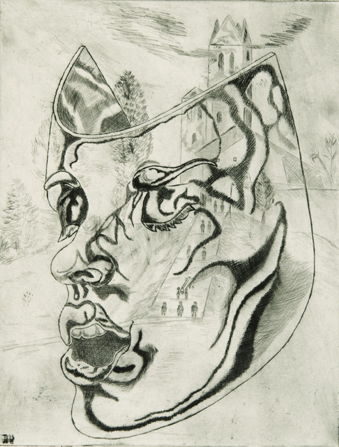 Maske in surrealistischer Landschaft