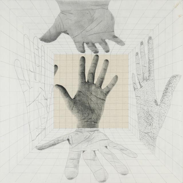 Surrealer Raum mit Händen