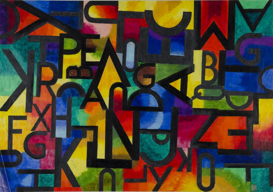 Schwarze Buchstaben auf buntem Hintergrund