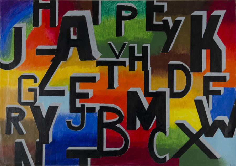 Schwarze Buchstaben auf buntem Hintergrund