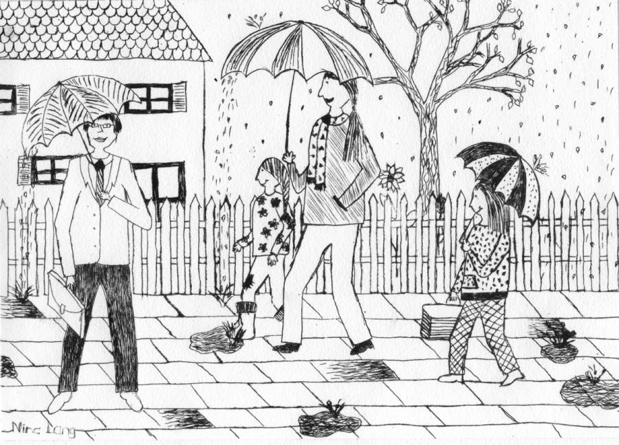 Personen mit Regenschirm