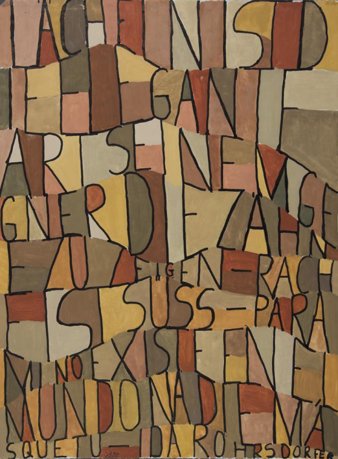 Schwarze Buchstaben auf buntem Hintergrund: "Buchstabenteppich"