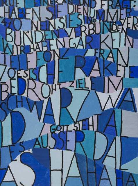 Schwarze Buchstaben auf buntem Hintergrund: "Buchstabenteppich"