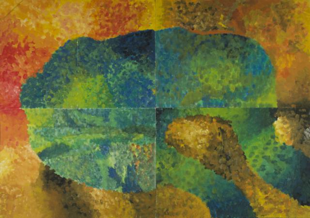 Farbweg: grüner Farbweg auf gelb-rotem Grund