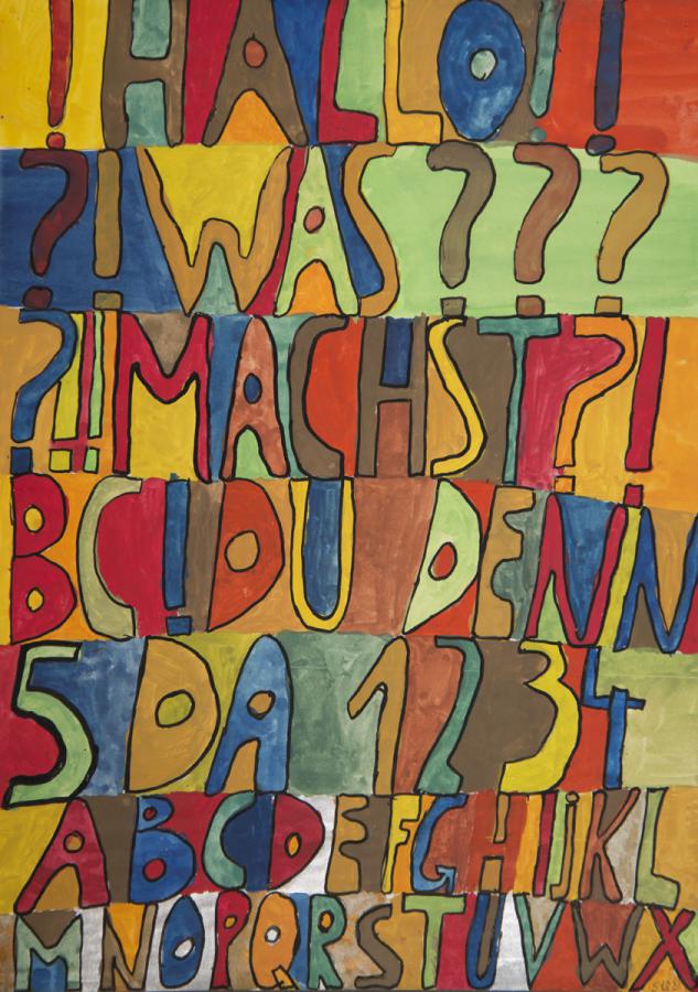 Schwarz umrandete Buchstaben auf buntem Hintergrund: "Buchstabenteppich"