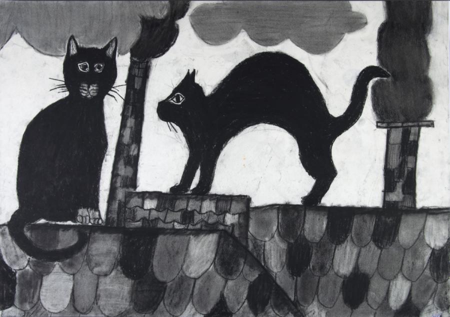 Tier: Katzen auf Hausdächern